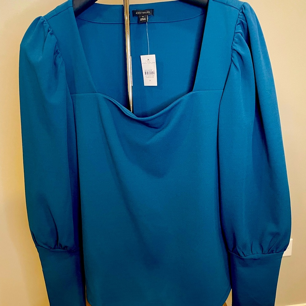 Ann Taylor Teal long puff sleeve square neck blouse M